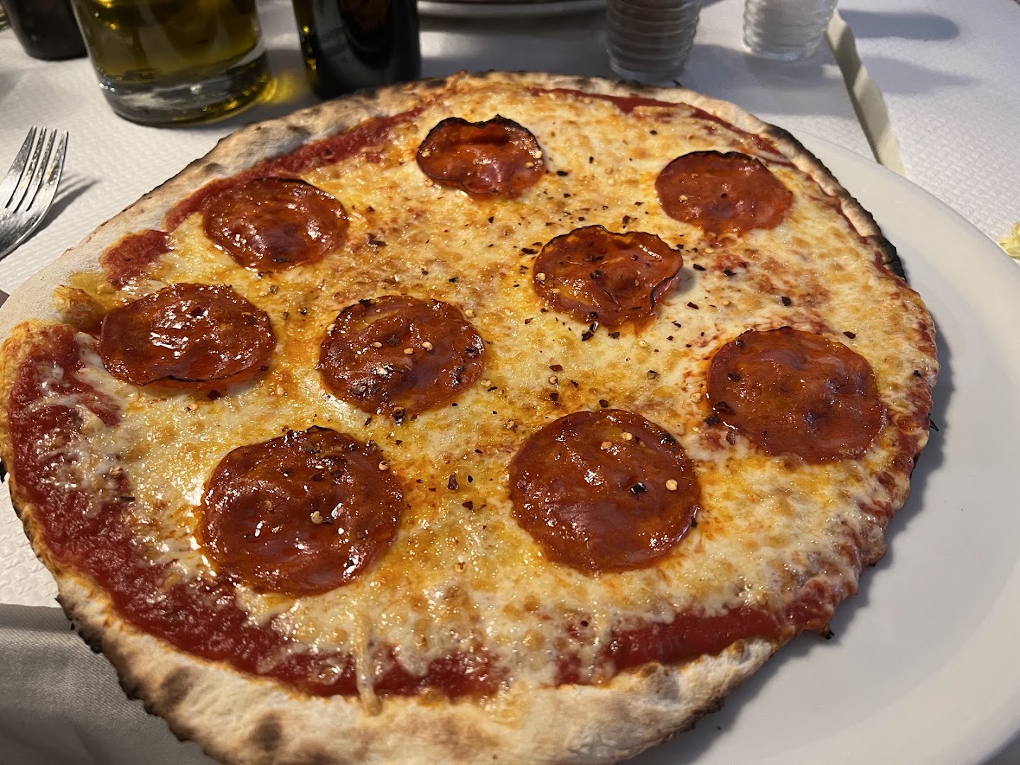 Une pizza garnie de rondelles de saucisse épicée